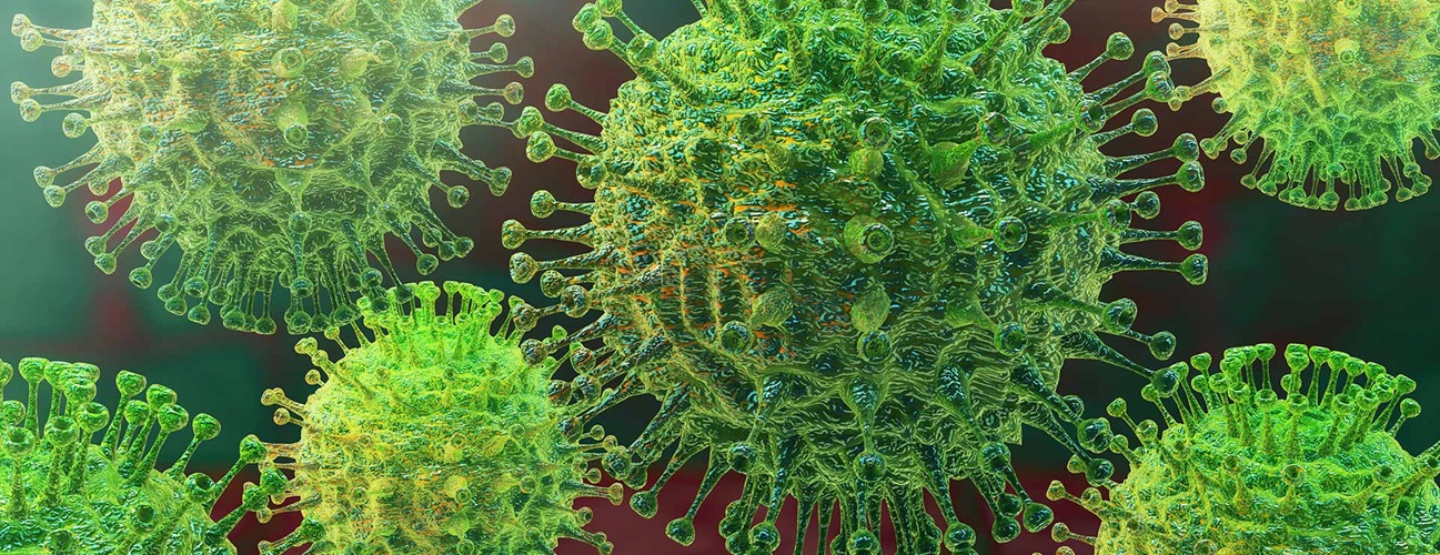 Closeup of coronavirus under electron microscope